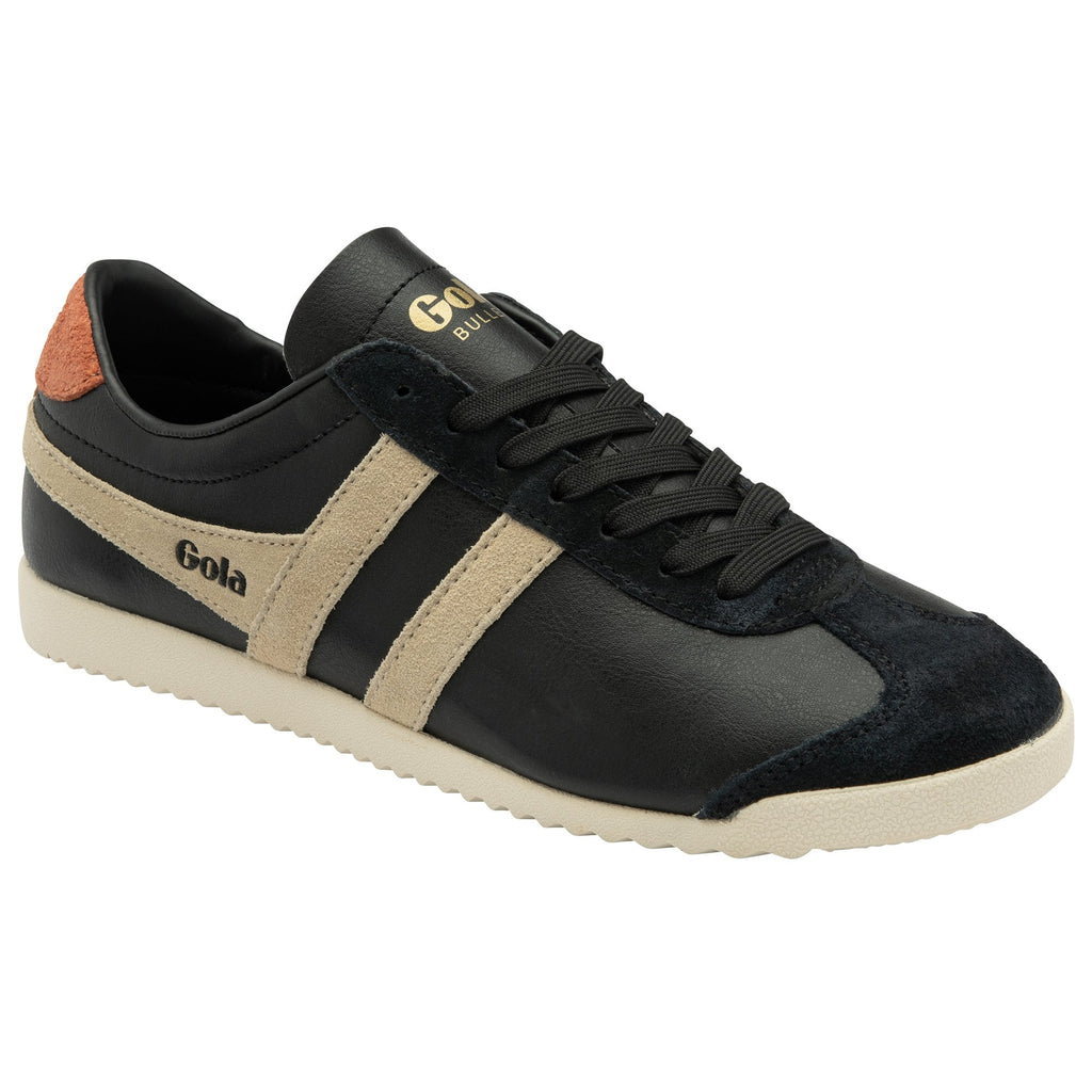 A black Gola Bullet sneaker with tan stripes, a brown heel accent, and black laces.