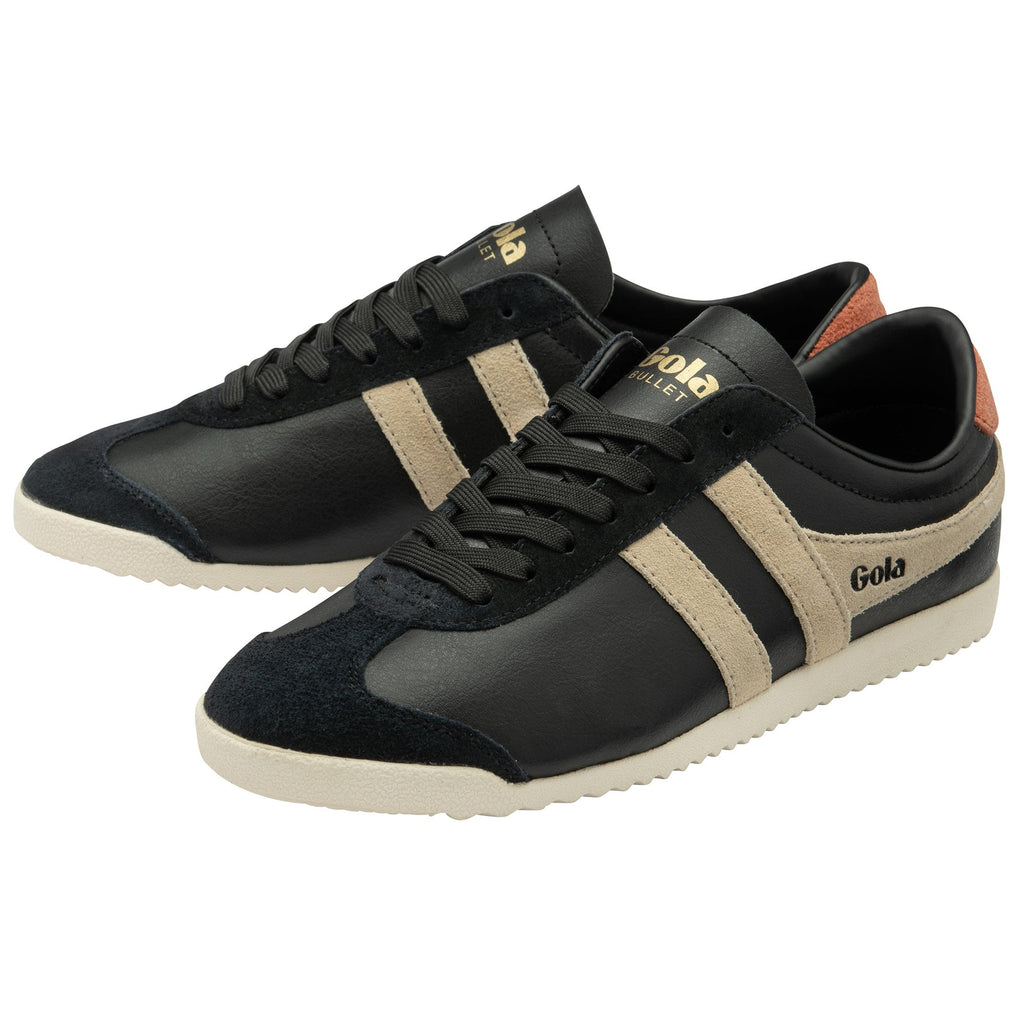 A pair of black Gola Bullet sneakers with tan stripes and brown heel accents.