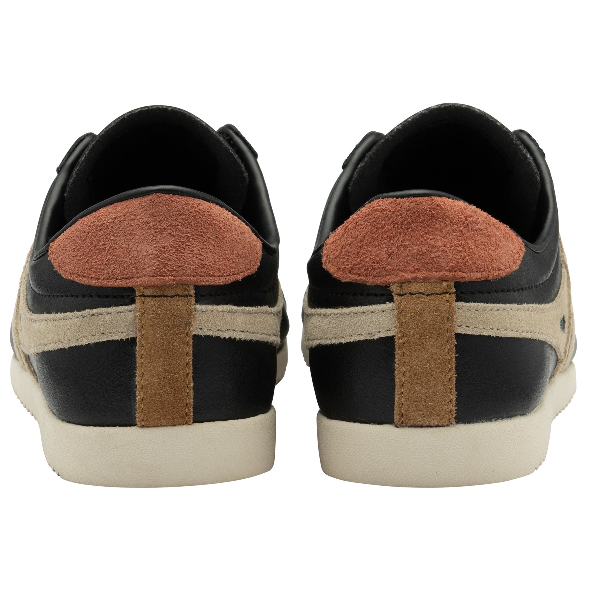The rear view of two black Gola Bullet sneakers, showing brown heel accents.