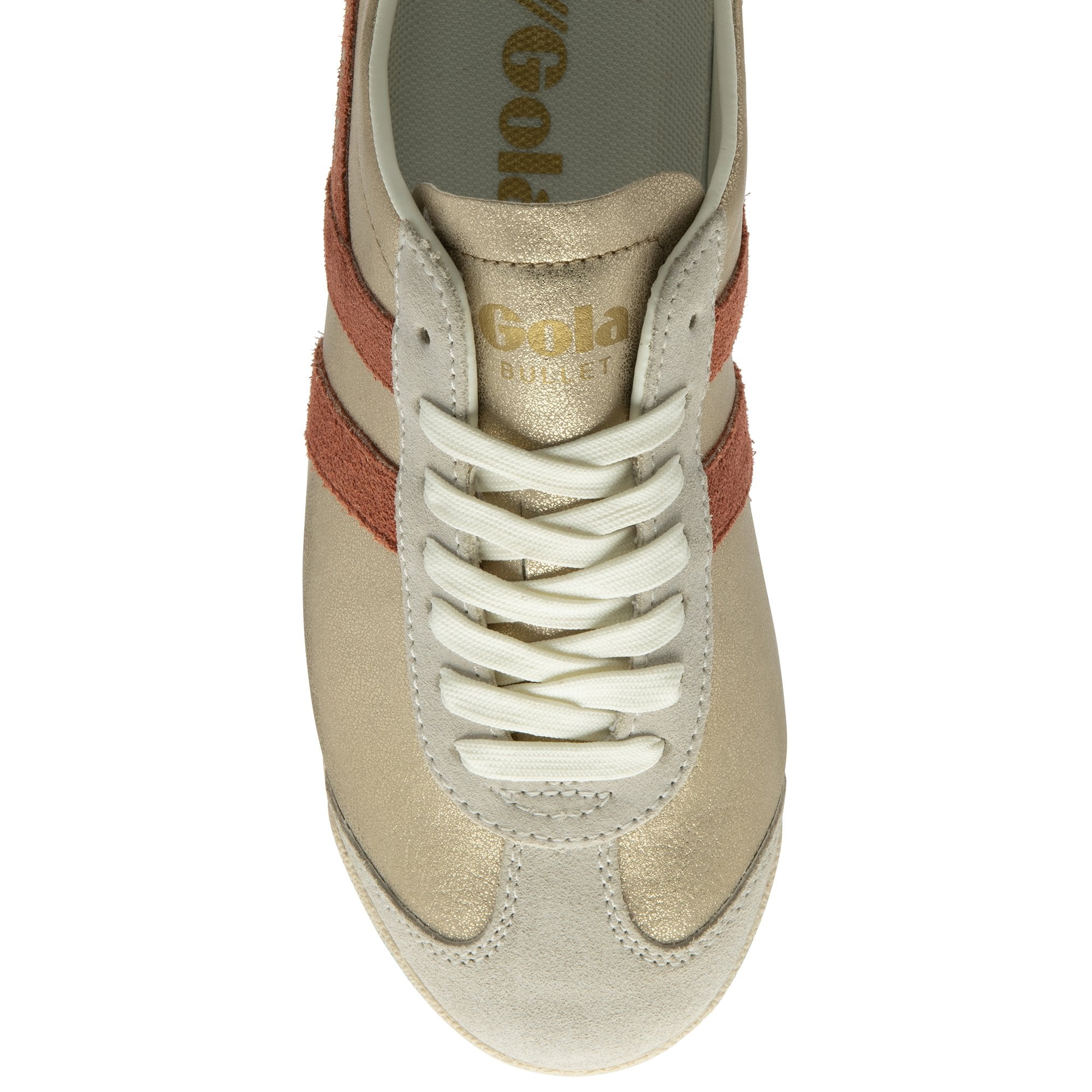 Top-down view of the toe and laces of a gold and red Gola sneaker.