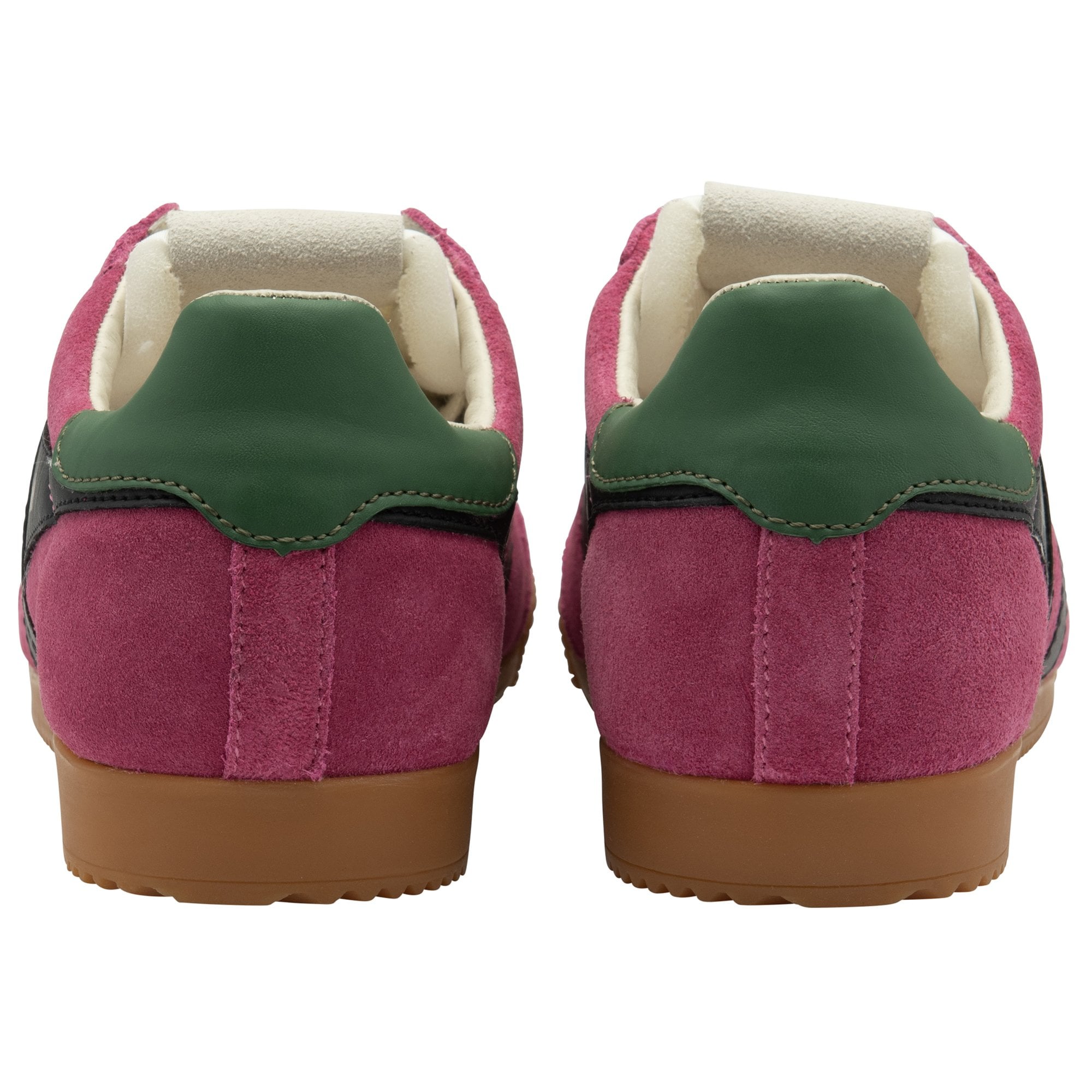Rear view of two magenta Gola sneakers, highlighting green heel tabs and brown soles.