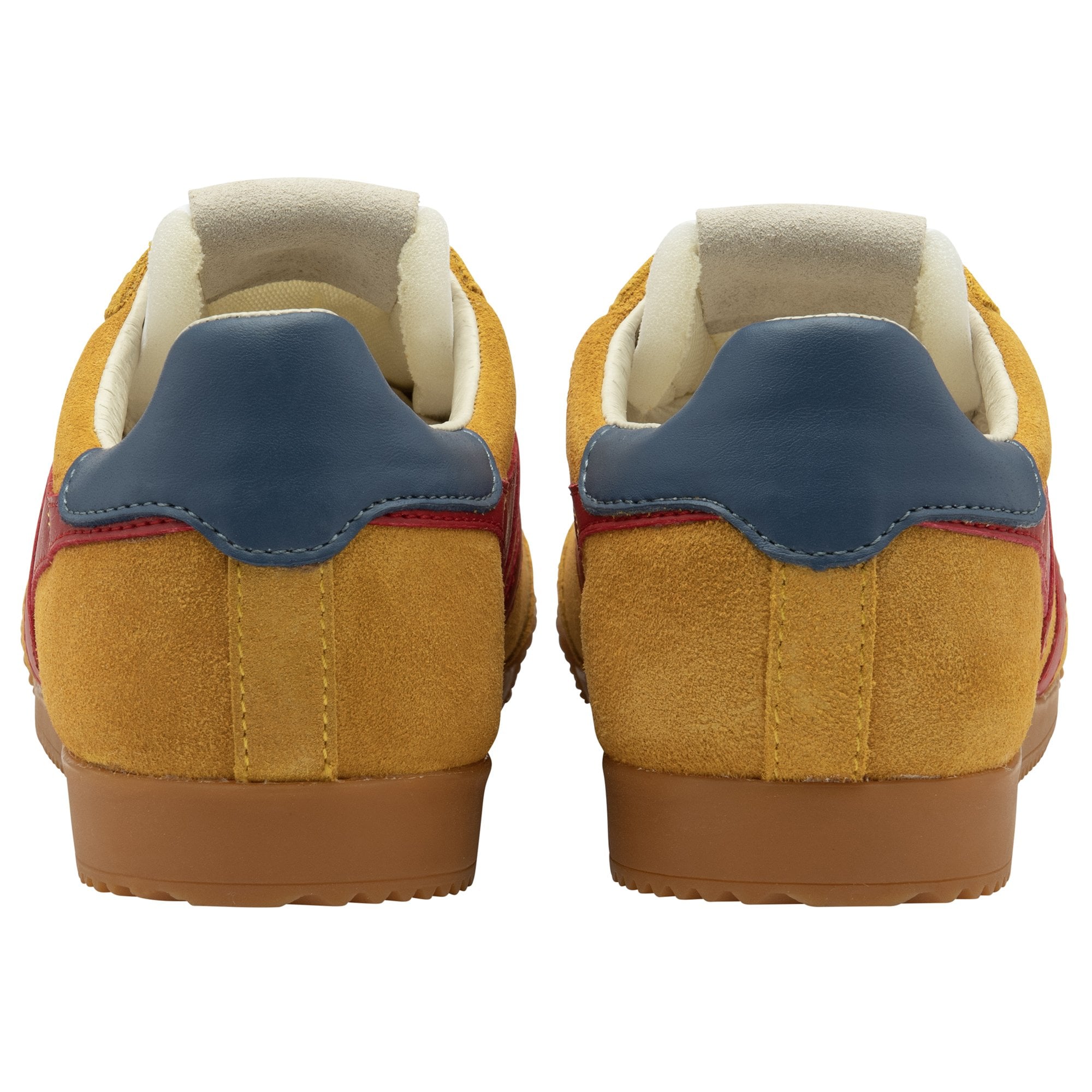 The rear view of a pair of Gola Harrier trainers in tan, red, and blue.