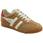 Angled view of a Gola Harrier suede sneaker in tan with white stripes and a red heel tab.