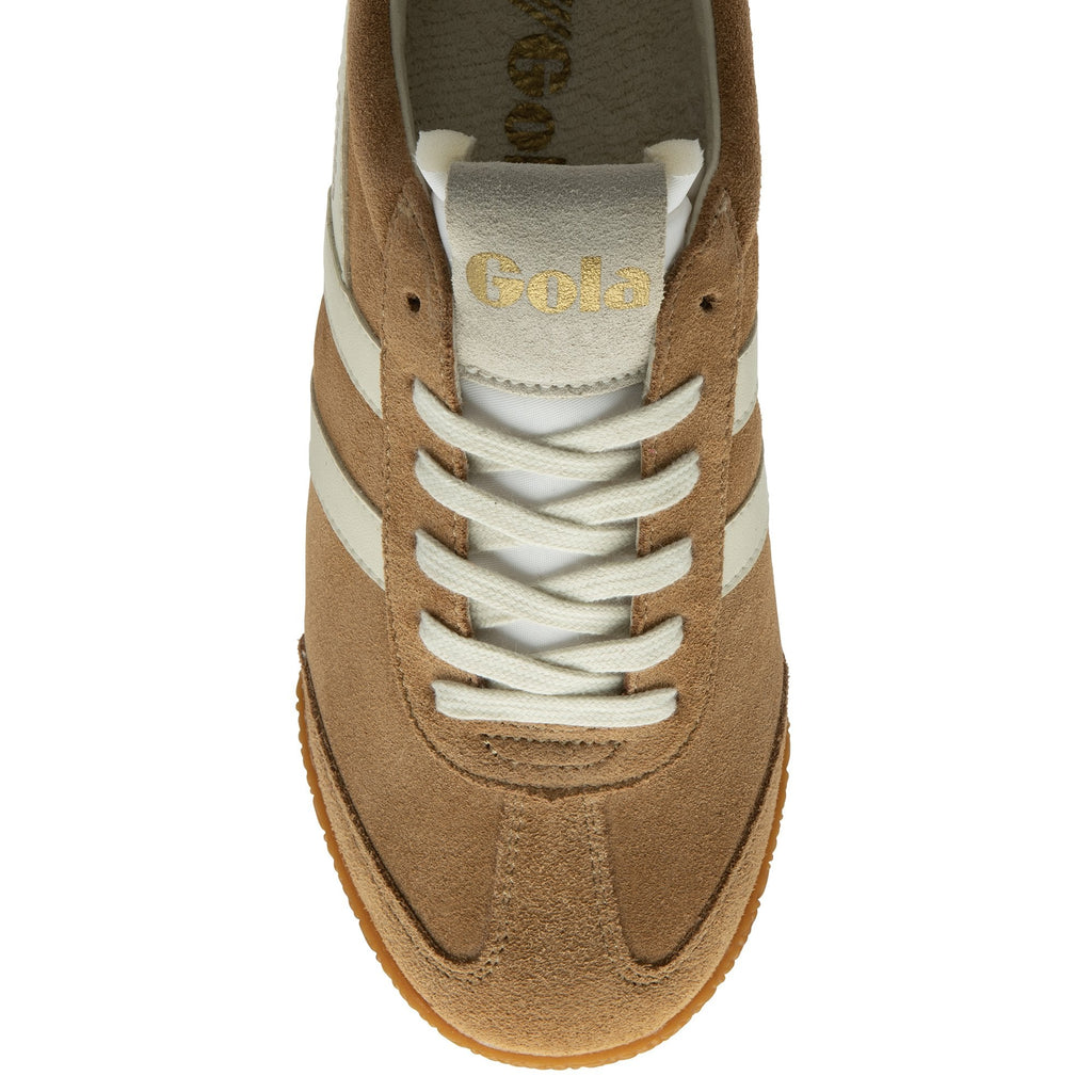 Top-down view of a Gola Harrier suede sneaker in tan with white laces and stripes.