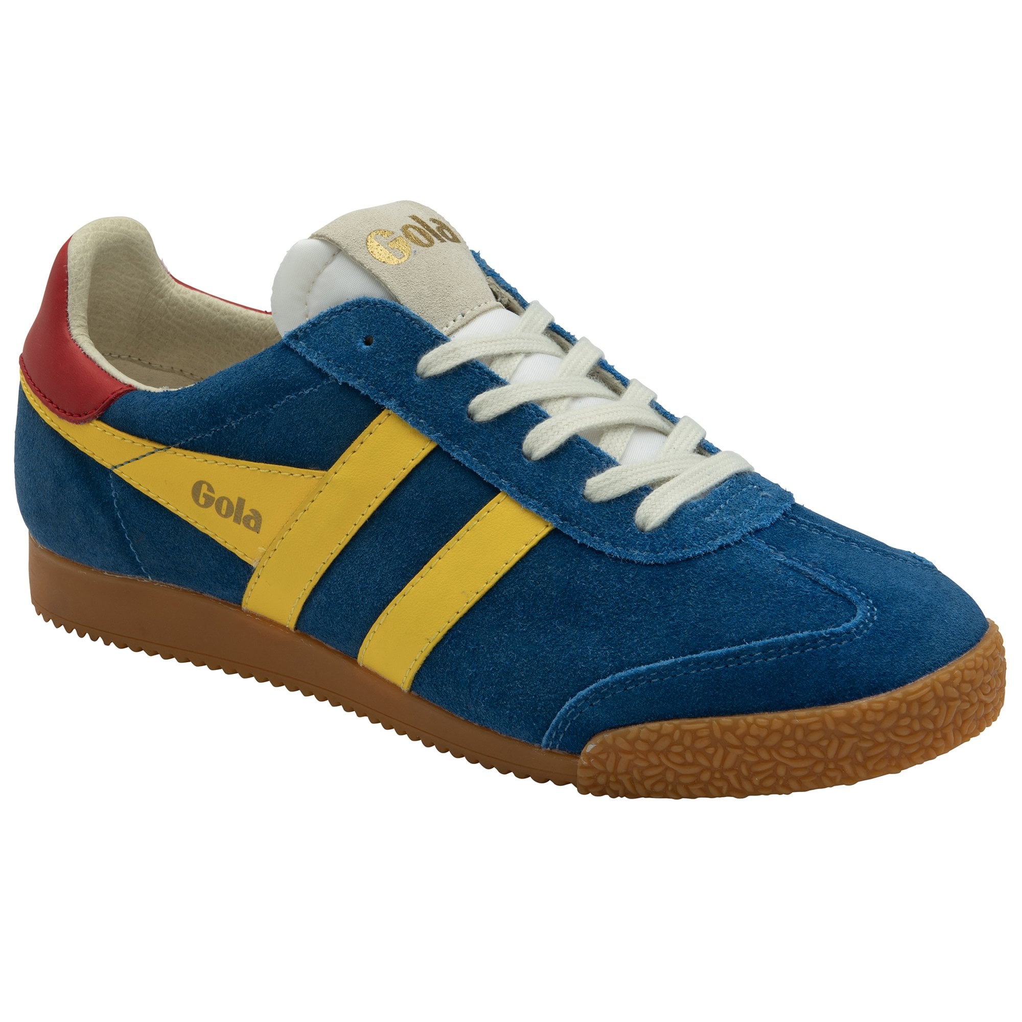 Angular side profile of a Gola men's Harrier sneaker in blue, yellow, and red on a white background.