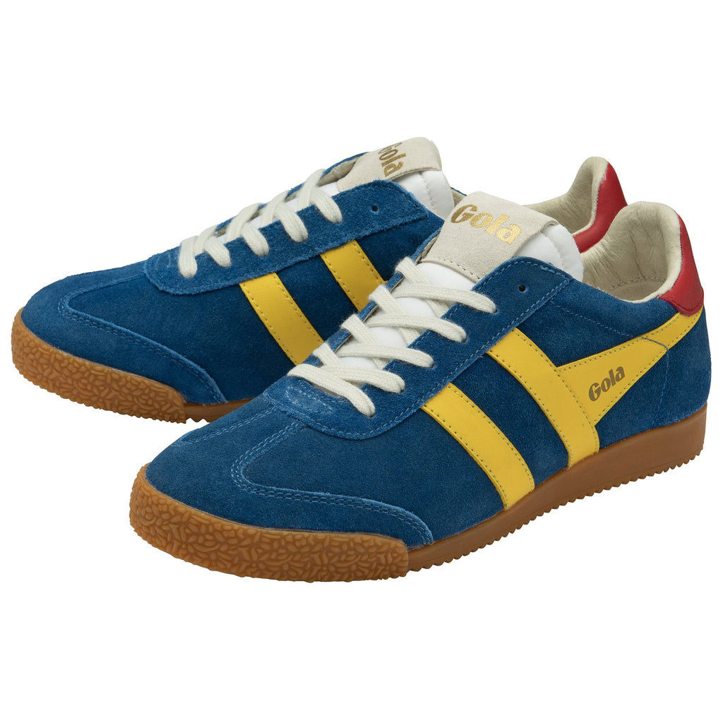 Pair of Gola men's Harrier sneakers in blue, yellow, and red on a white background.
