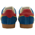 Rear view of a pair of Gola men's Harrier sneakers in blue, yellow, and red on a white background.