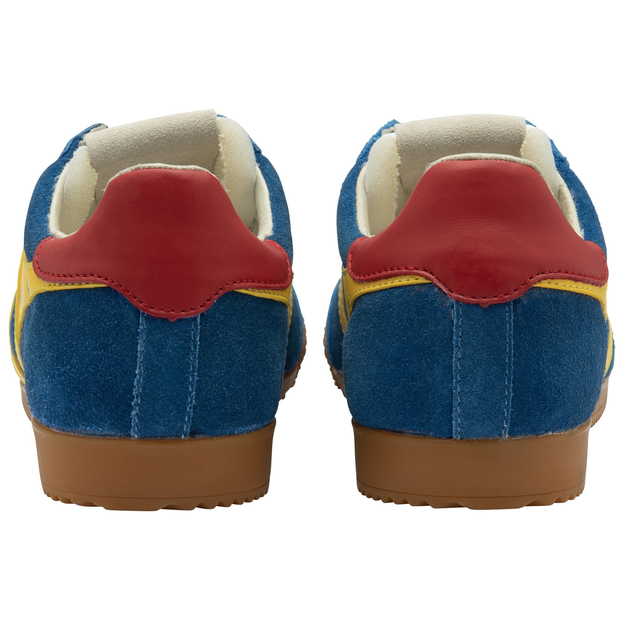Rear view of a pair of Gola men's Harrier sneakers in blue, yellow, and red on a white background.