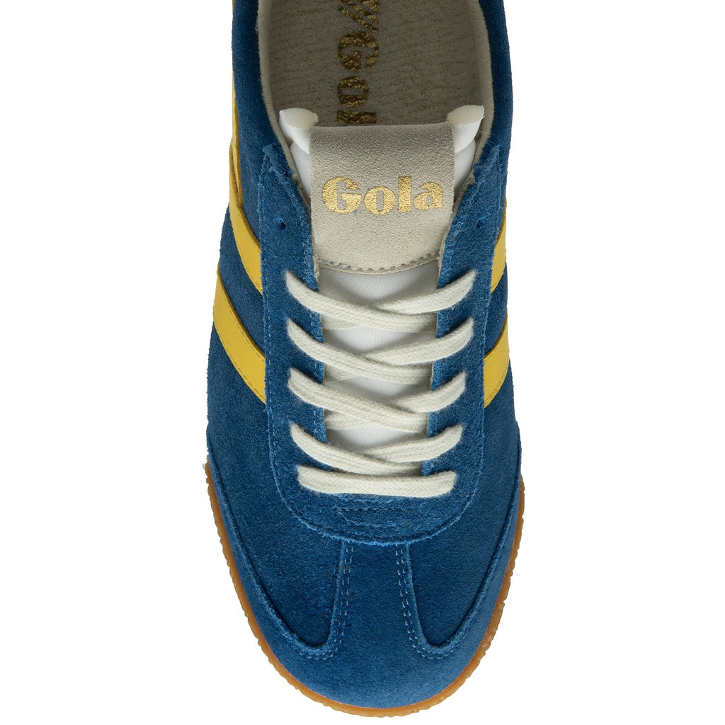 Top down view of a Gola men's Harrier sneaker in blue, yellow, and red on a white background.