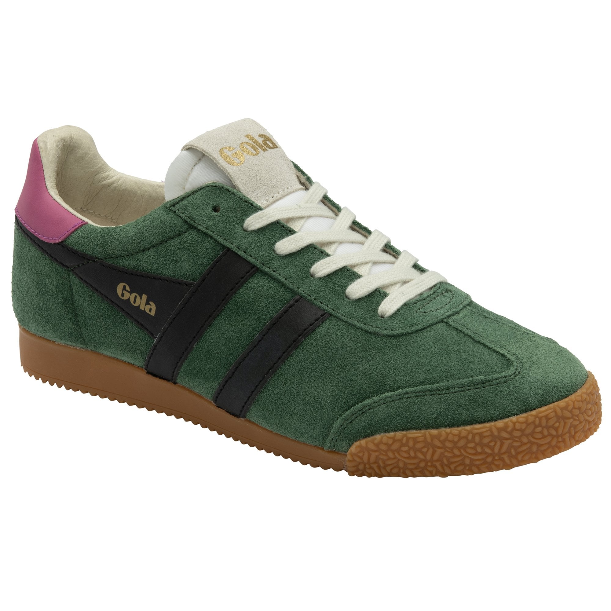 Angled view of a green suede Gola Harrier shoe with black stripes and a pink heel tab.