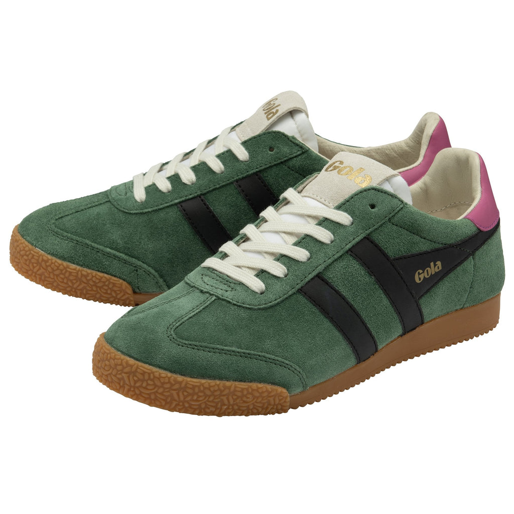 Pair of green suede Gola Harrier shoes with black stripes and pink heel tabs.