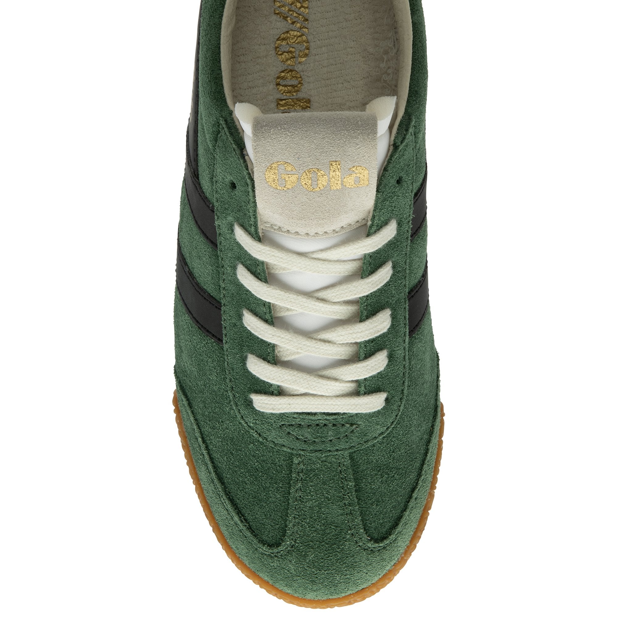 Top-down view of a green suede Gola Harrier shoe with white laces and a gum sole.