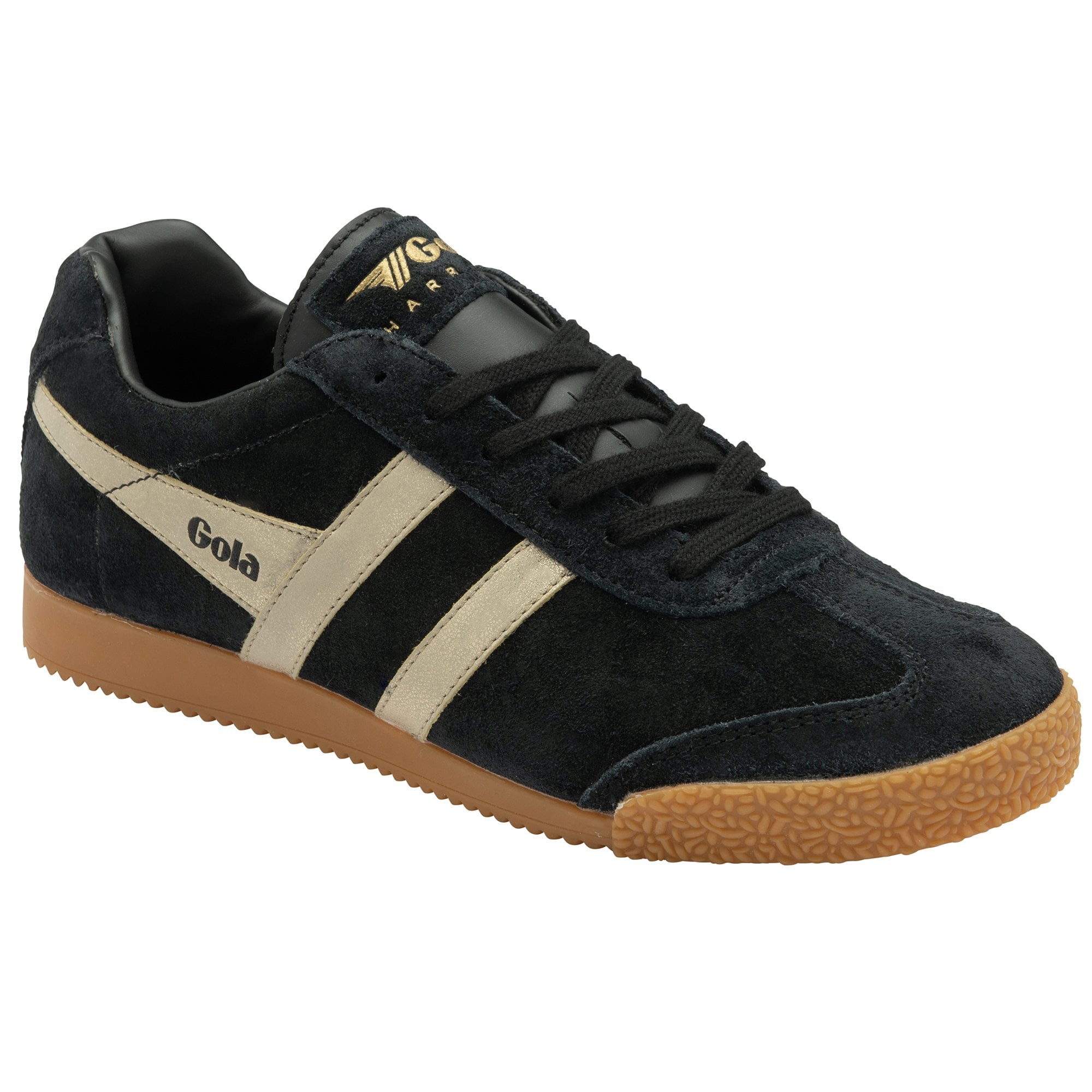 A black suede sneaker with a beige Gola logo and stripes, viewed from the side.