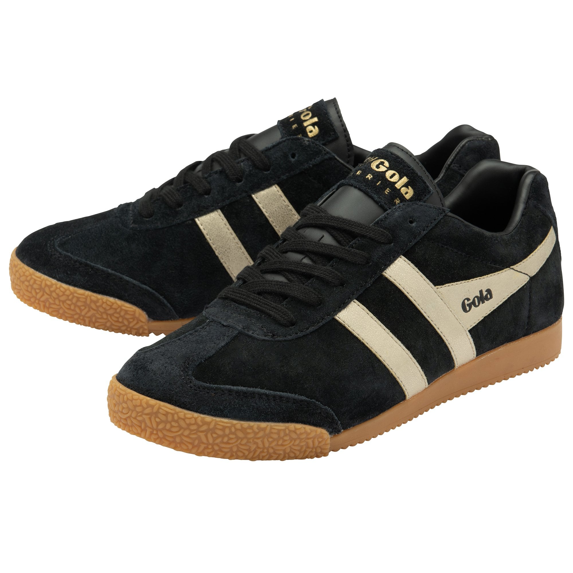 Two black suede sneakers with beige Gola logos and stripes, viewed from an angle.