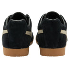 The heels of two black suede sneakers with beige stripes and rubber soles.