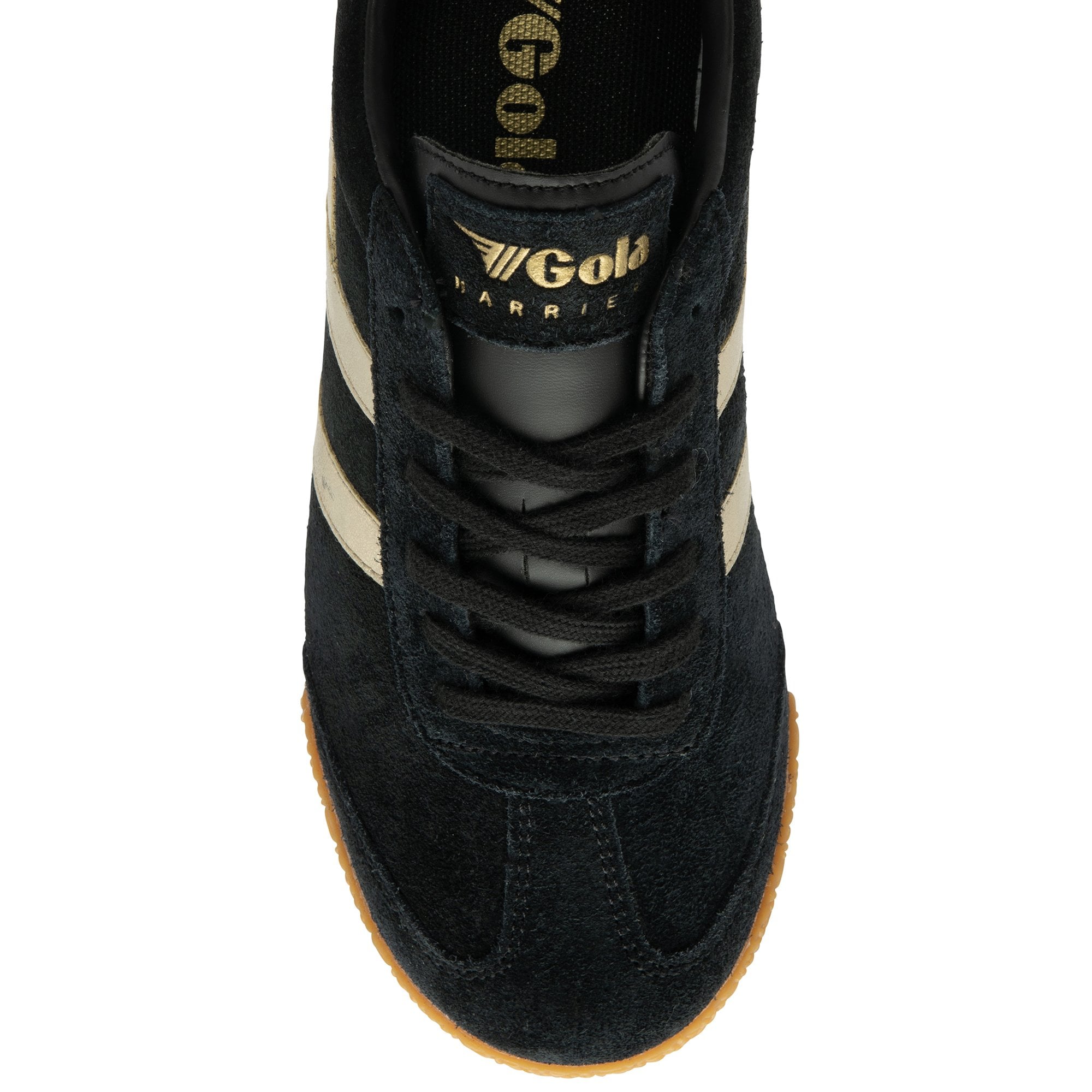 The top-down view of a black suede sneaker with a gold Gola logo and beige stripes.