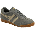 Front side view of a grey Gola trainer with beige stripes and a gum sole.