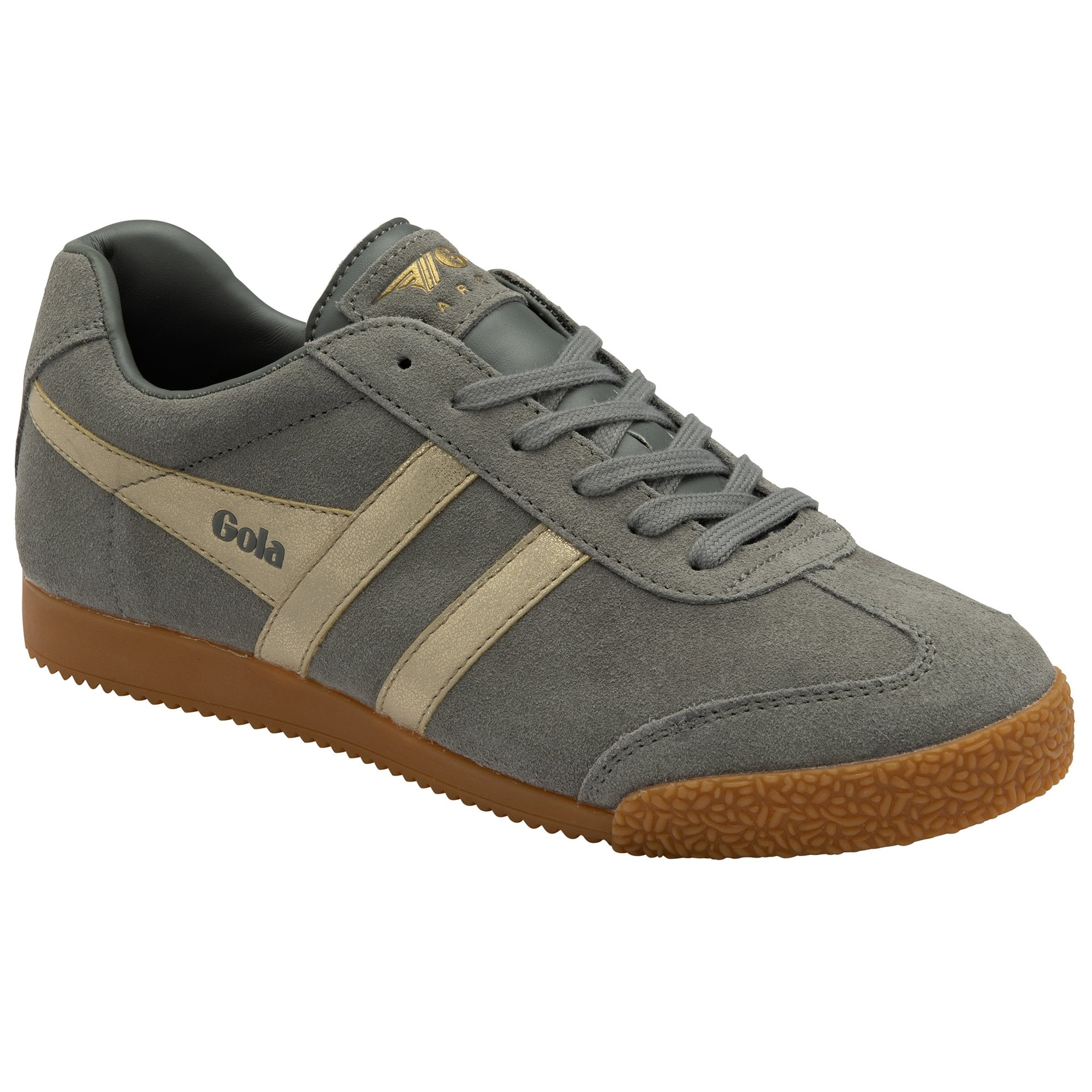 Front side view of a grey Gola trainer with beige stripes and a gum sole.