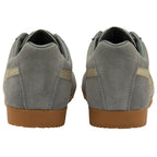 Back view of a pair of grey Gola trainers with beige stripes and gum soles.