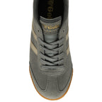 Top-down view of a single grey Gola trainer with beige stripes and a gum sole.