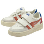 A pair of Gola Coaster shoes in white, red and blue on a white background, viewed from an angle.