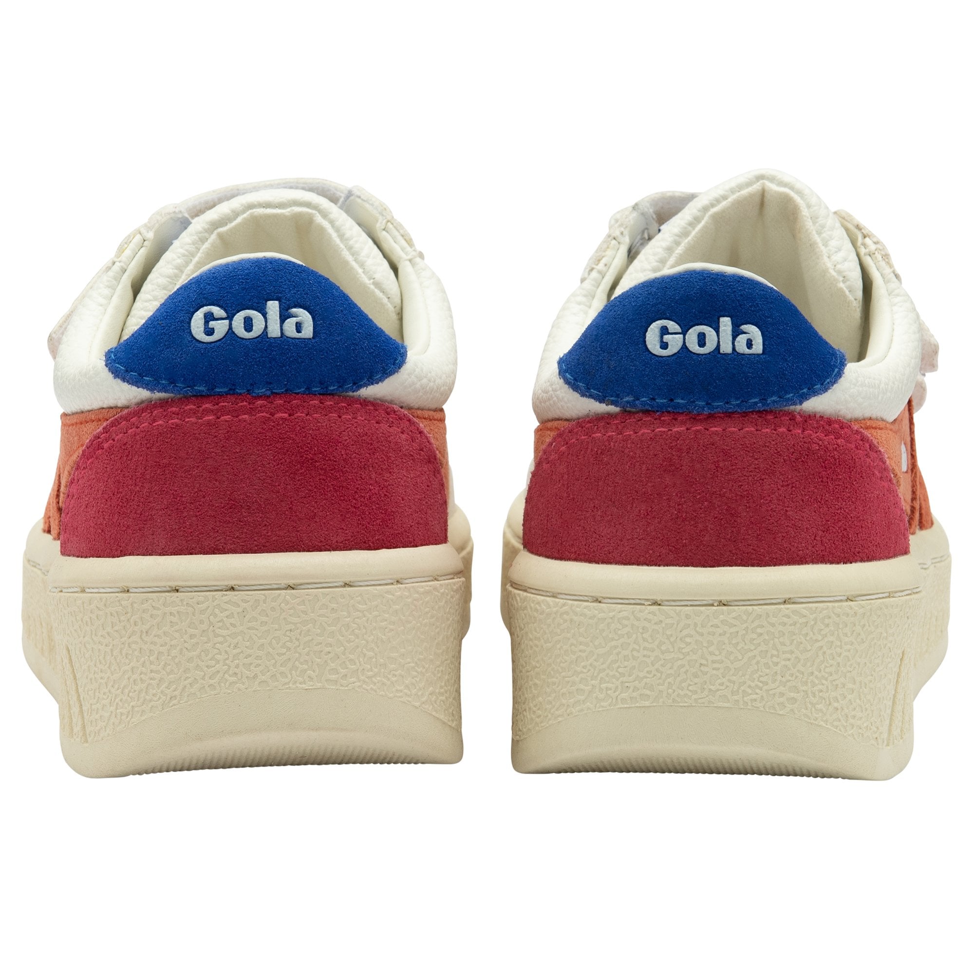 A pair of Gola Coaster shoes in white, red and blue on a white background, viewed from behind.