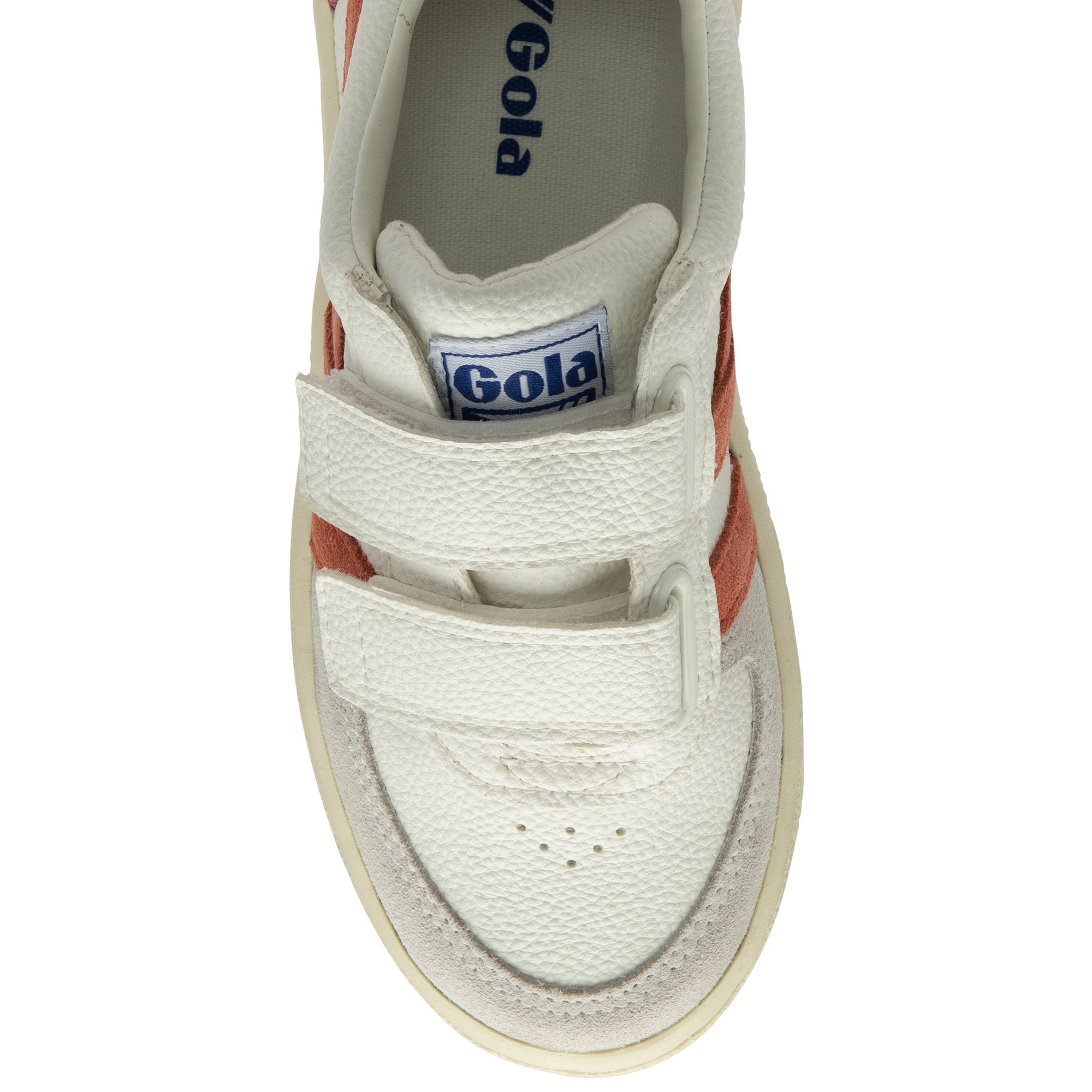 The top of a Gola Coaster shoe in white, red and blue on a white background.