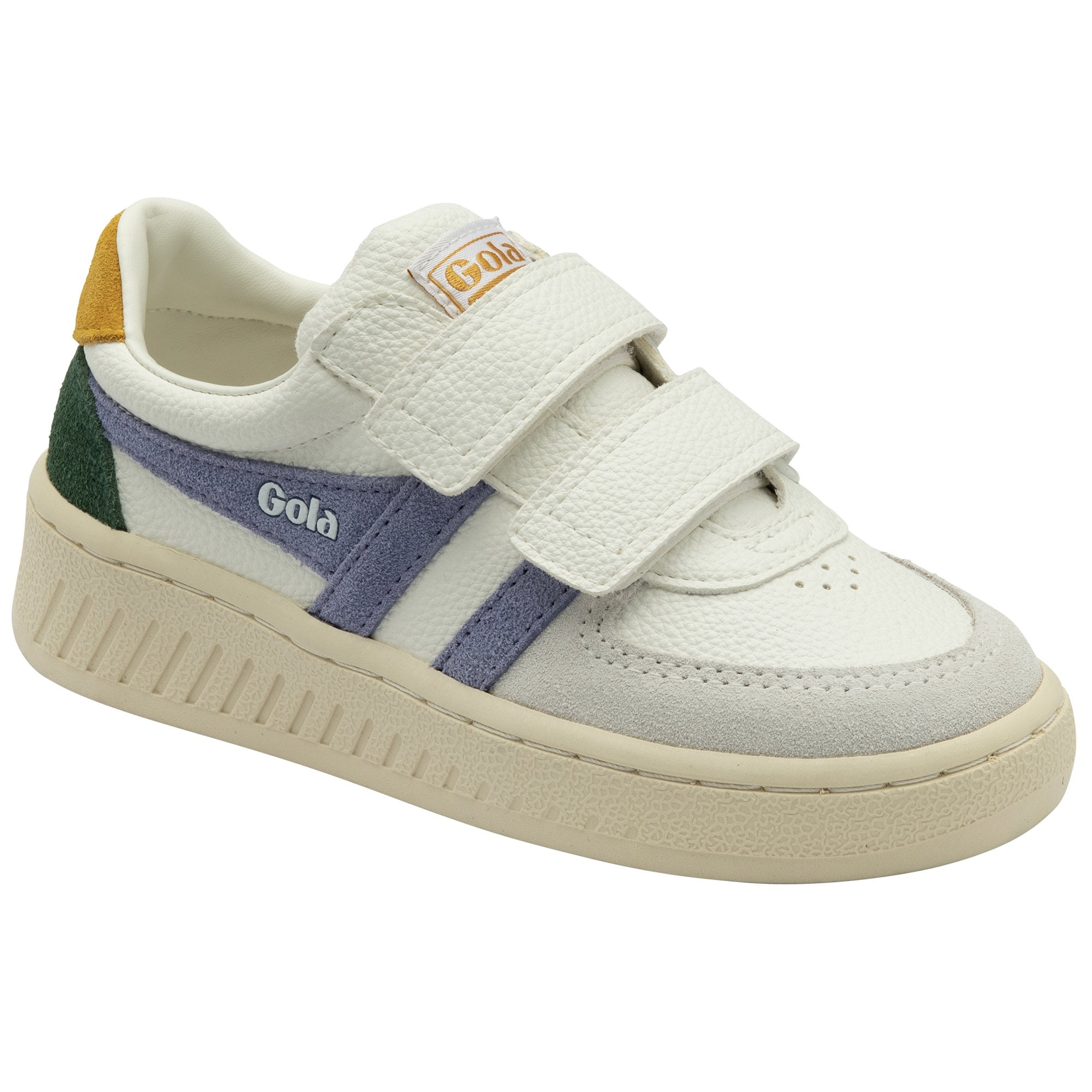 A single white Gola sneaker with purple stripes and a green heel, angled for detail.