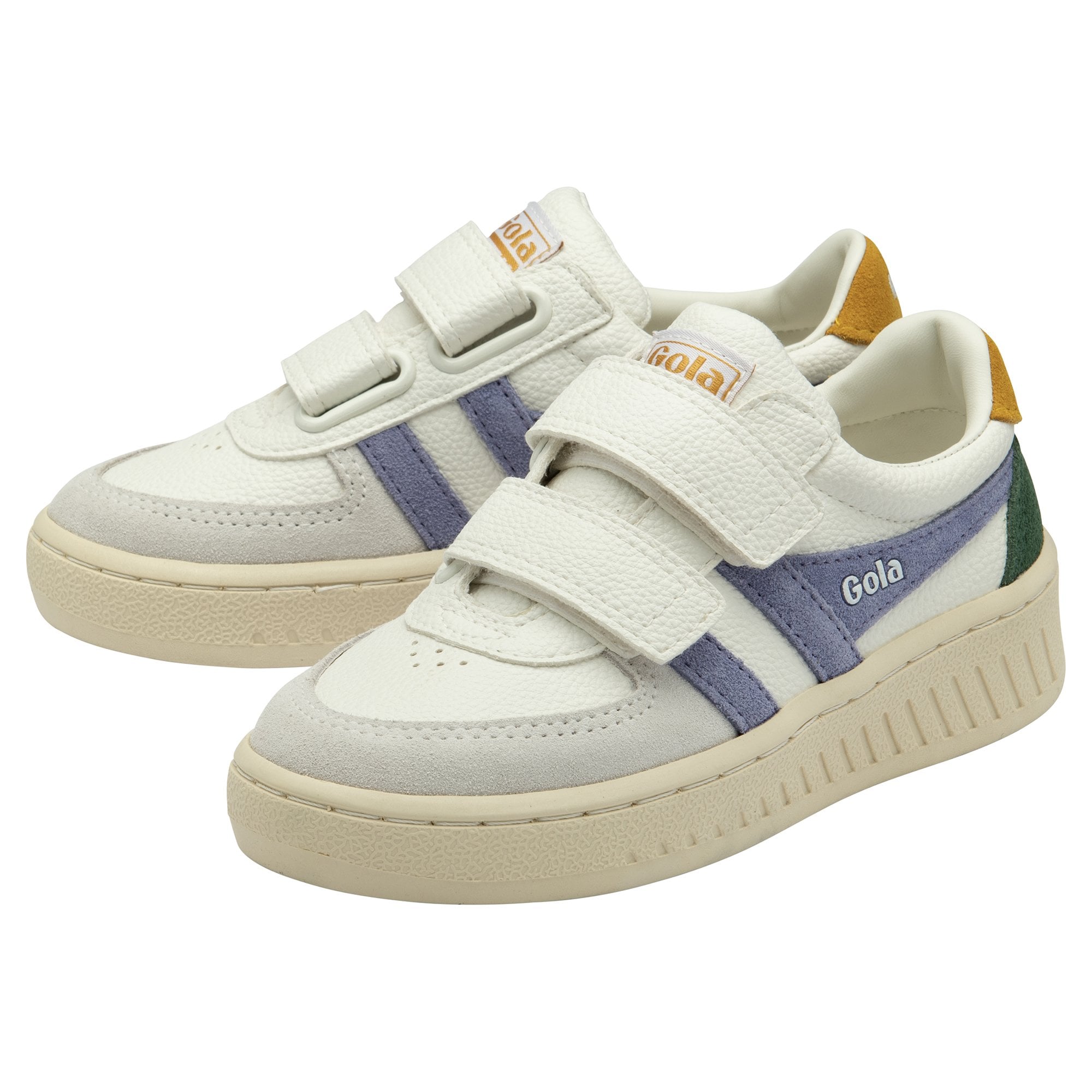 A pair of white Gola sneakers with purple stripes, green heels, and yellow accents.