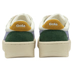 Rear view of two white Gola sneakers showing green heels and yellow 'Gola' branding.