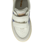 Top-down view of a white Gola sneaker with purple stripes and two velcro straps.