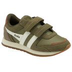 A single green Gola Kids Coaster velcro shoe with white stripes on a white background.