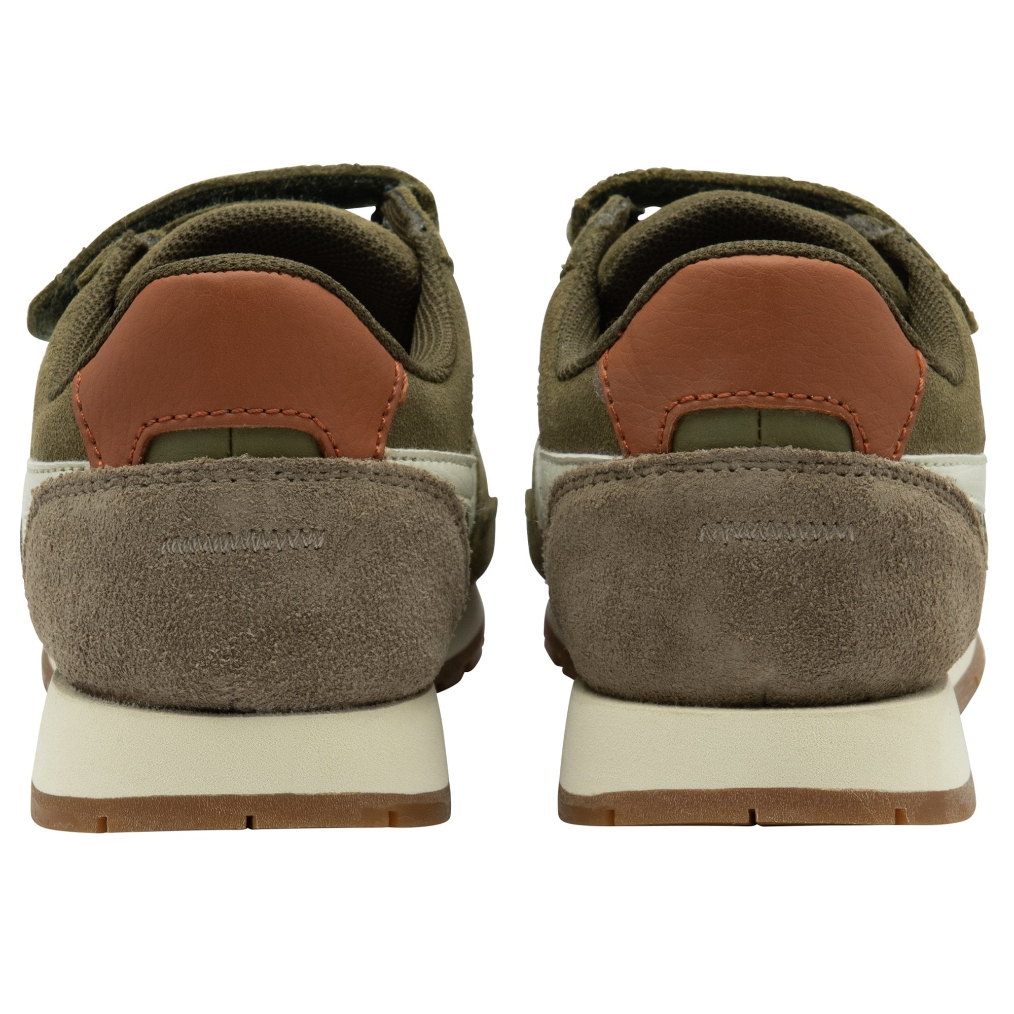 The back view of a pair of green Gola Kids Coaster velcro shoes, showing brown heel accents.