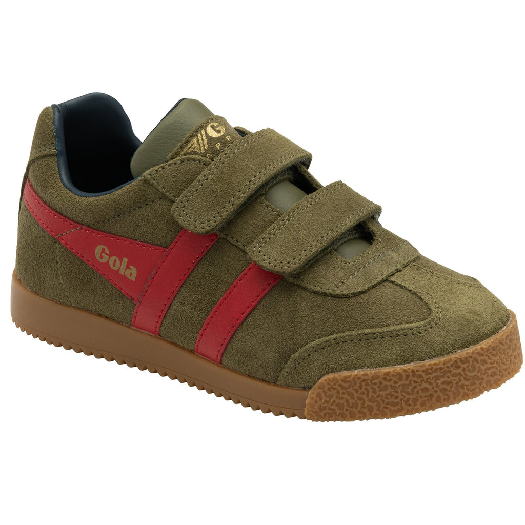 Angled view of a Gola Harrier suede trainer in khaki with red stripes and velcro straps.