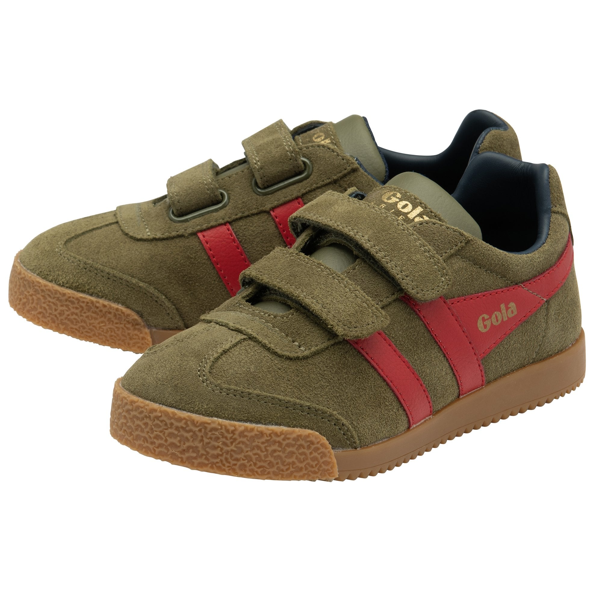 Pair of Gola Harrier suede trainers in khaki with red stripes and velcro straps.
