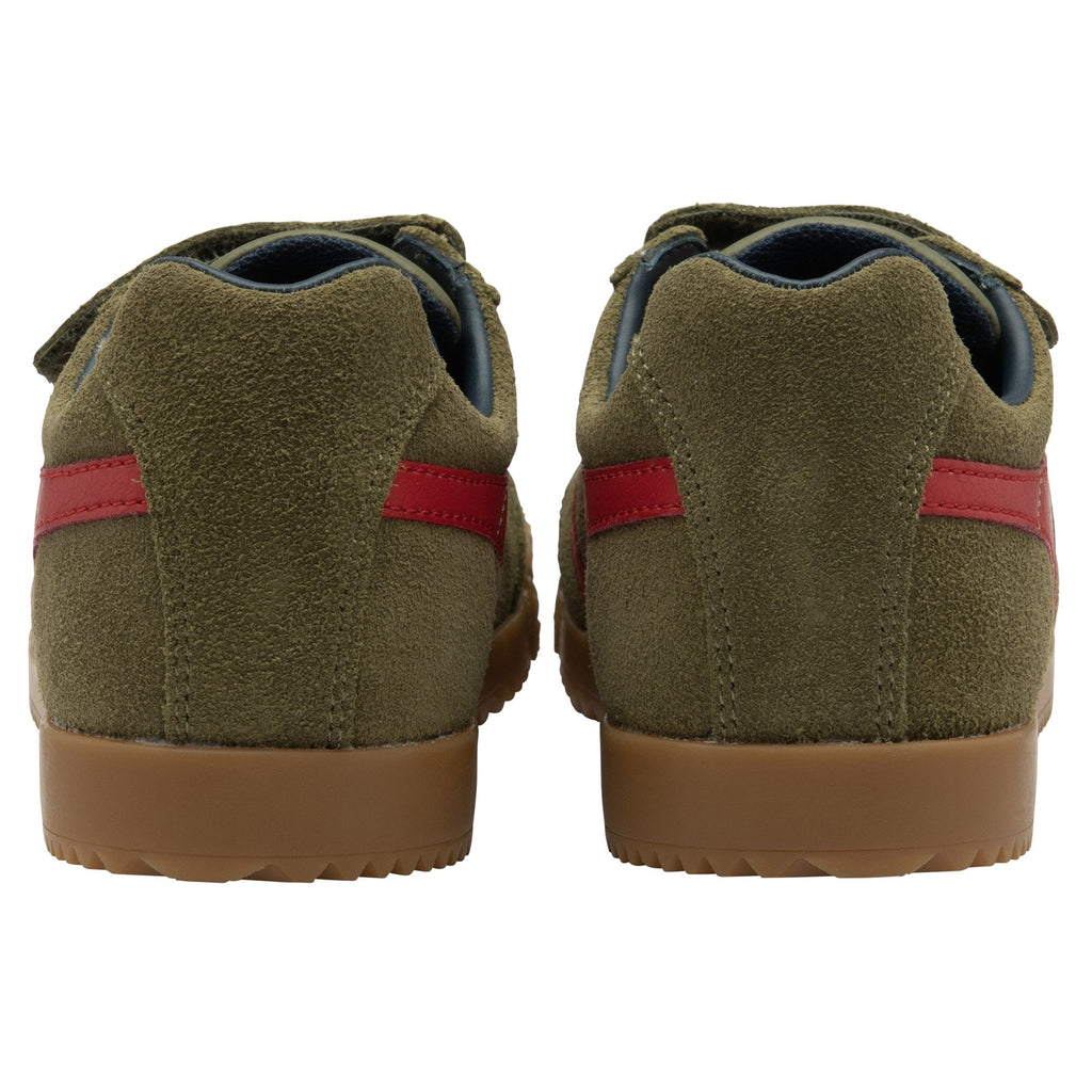 Back view of a pair of Gola Harrier suede trainers in khaki with red stripes.