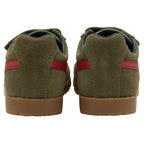 Back view of a pair of Gola Harrier suede trainers in khaki with red stripes.