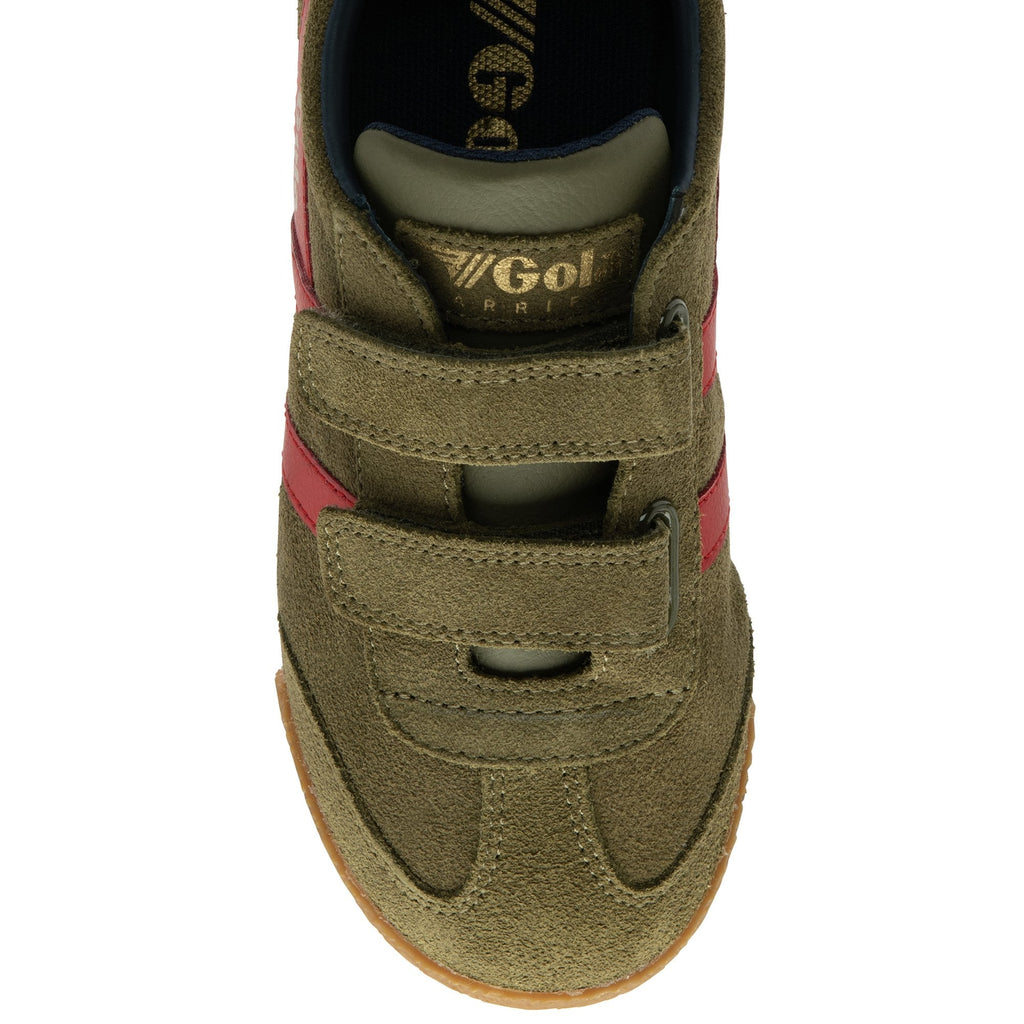 Top-down view of a Gola Harrier suede trainer in khaki with red stripes and velcro straps.