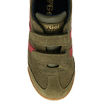 Top-down view of a Gola Harrier suede trainer in khaki with red stripes and velcro straps.