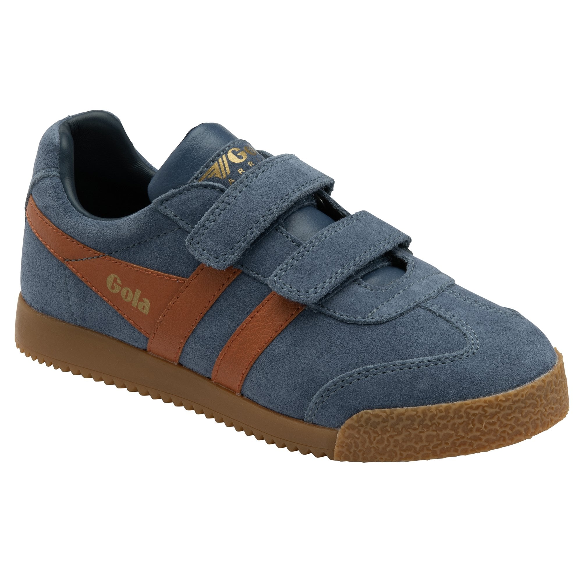 Blue and brown velcro strap Gola kids trainer.