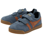 Pair of blue and brown velcro strap Gola kids trainers.