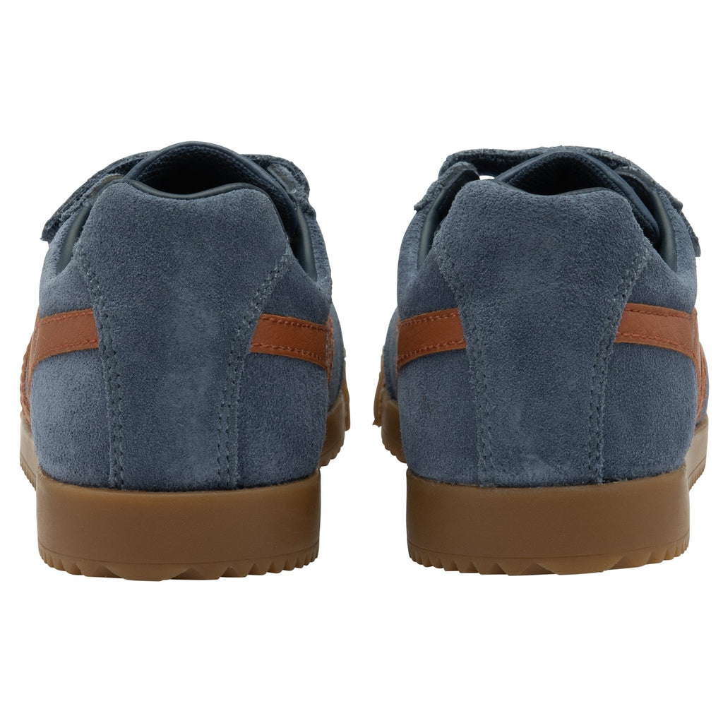Rear view of two blue and brown Gola kids trainers.