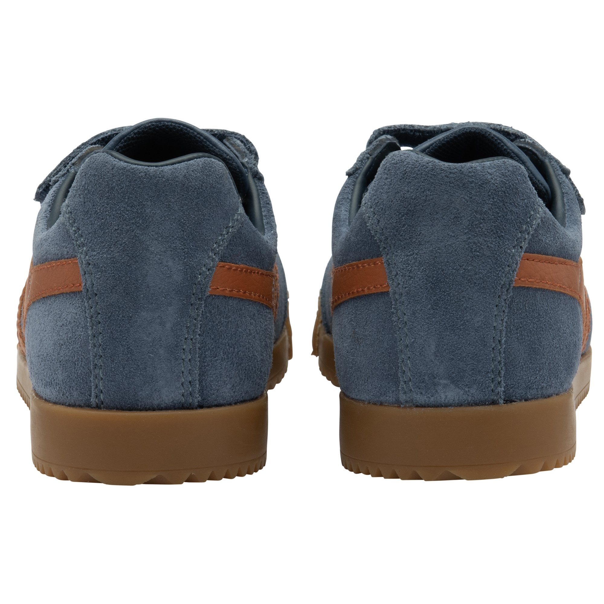 Rear view of two blue and brown Gola kids trainers.