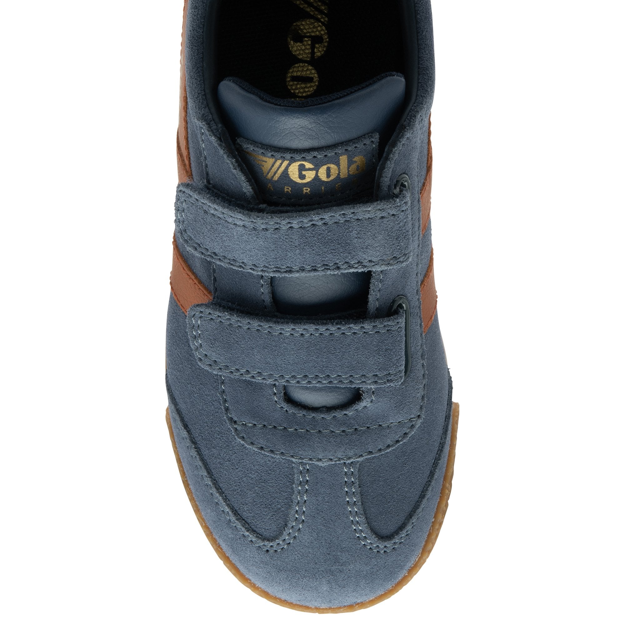 Overhead view of a blue and brown velcro strap Gola kids trainer.