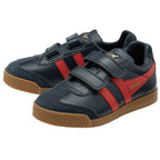 Two navy blue Gola trainers with red stripes and a gum sole, angled slightly.