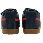 A back view of two navy blue Gola trainers with red stripes and a gum sole.