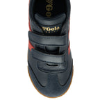 A top-down view of a navy blue Gola trainer with red stripes and a gum sole.