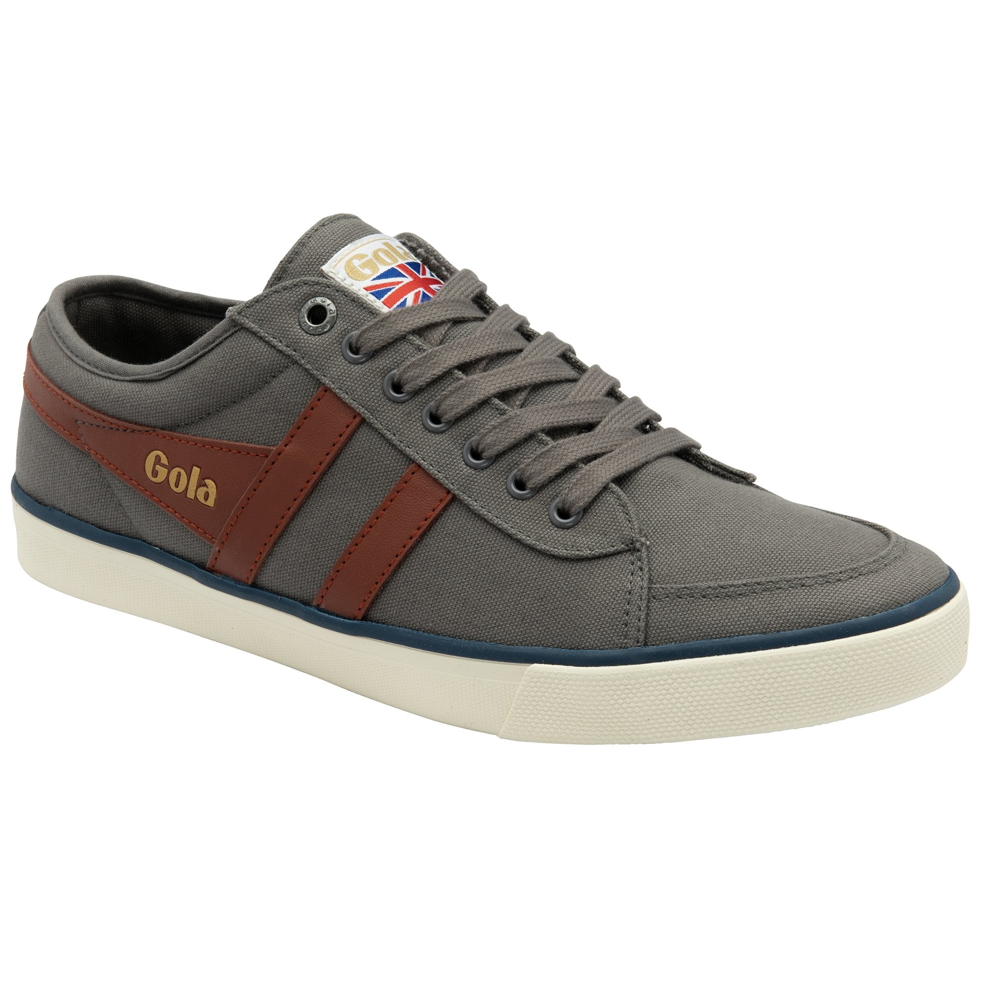 A Gola men's Harrier trainer in graphite with a tan wingflash, shown from the front.