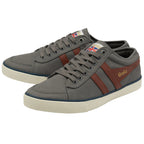 A pair of Gola men's Harrier trainers in graphite with a tan wingflash, at an angle.
