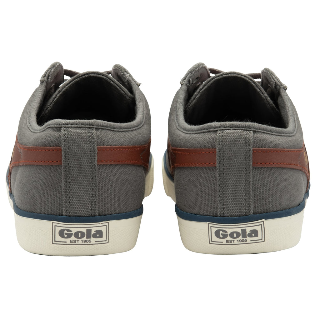 The backs of two Gola men's Harrier trainers in graphite with a tan wingflash.